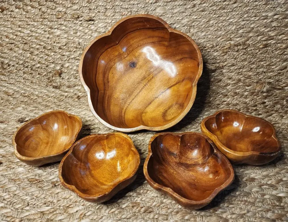 Vintage Genuine Monkey Pod Solid Wood Bowl 5 Piece Set